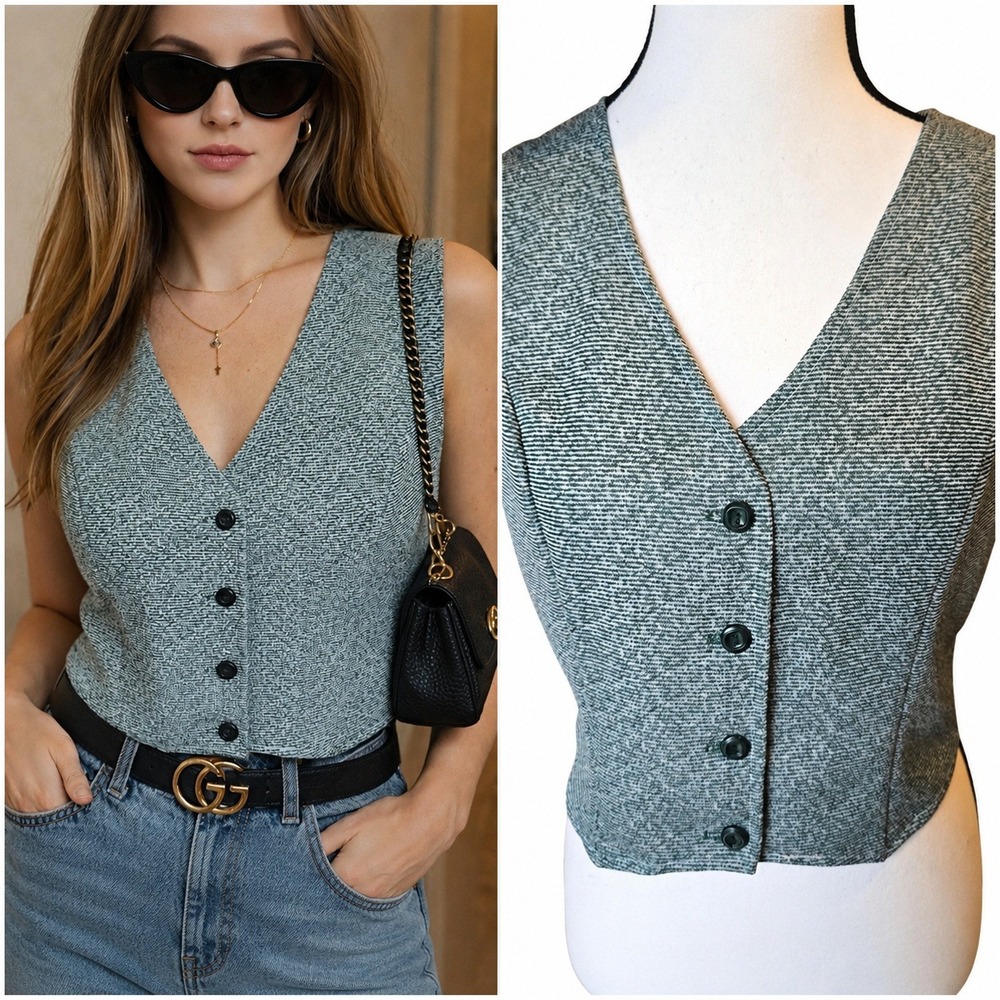 Vtg 70s Sears Womens M Forest Green Poly Sweater Vest V-Neck Button‎ Up RN 52438